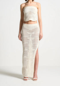 Pearl Applique Crochet Maxi Skirt - Cream