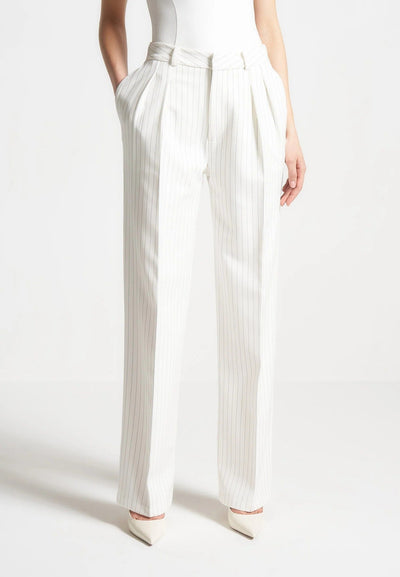 Julie - Pinstripe Twin Pleat Tailored Pants - White