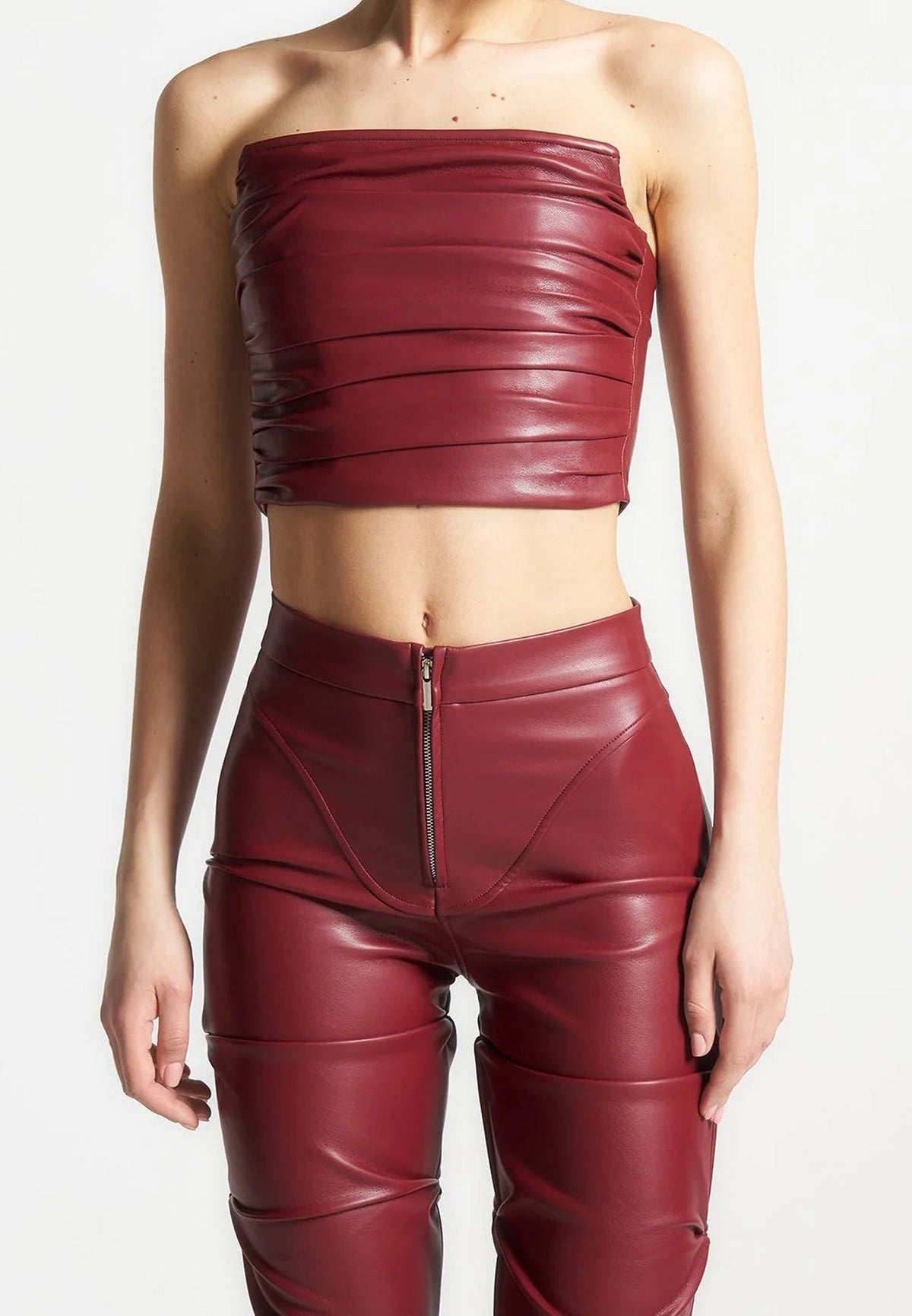 Pleated Bandeau Leather Corset Top - Wine Red