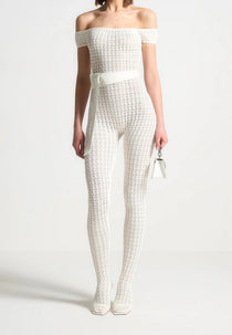 Martine - Pointelle Knit Bardot Jumpsuit with Belt - Cream