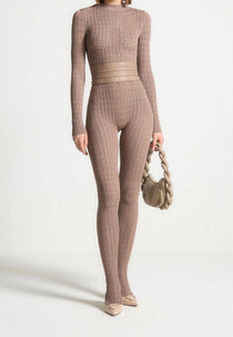 Chantal - Pointelle Knit Long Sleeve Jumpsuit with Belt - Taupe