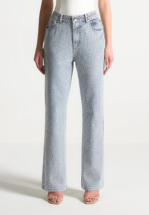 Alma - Rhinestone Eiffel Straight Leg Jeans - Mid Blue