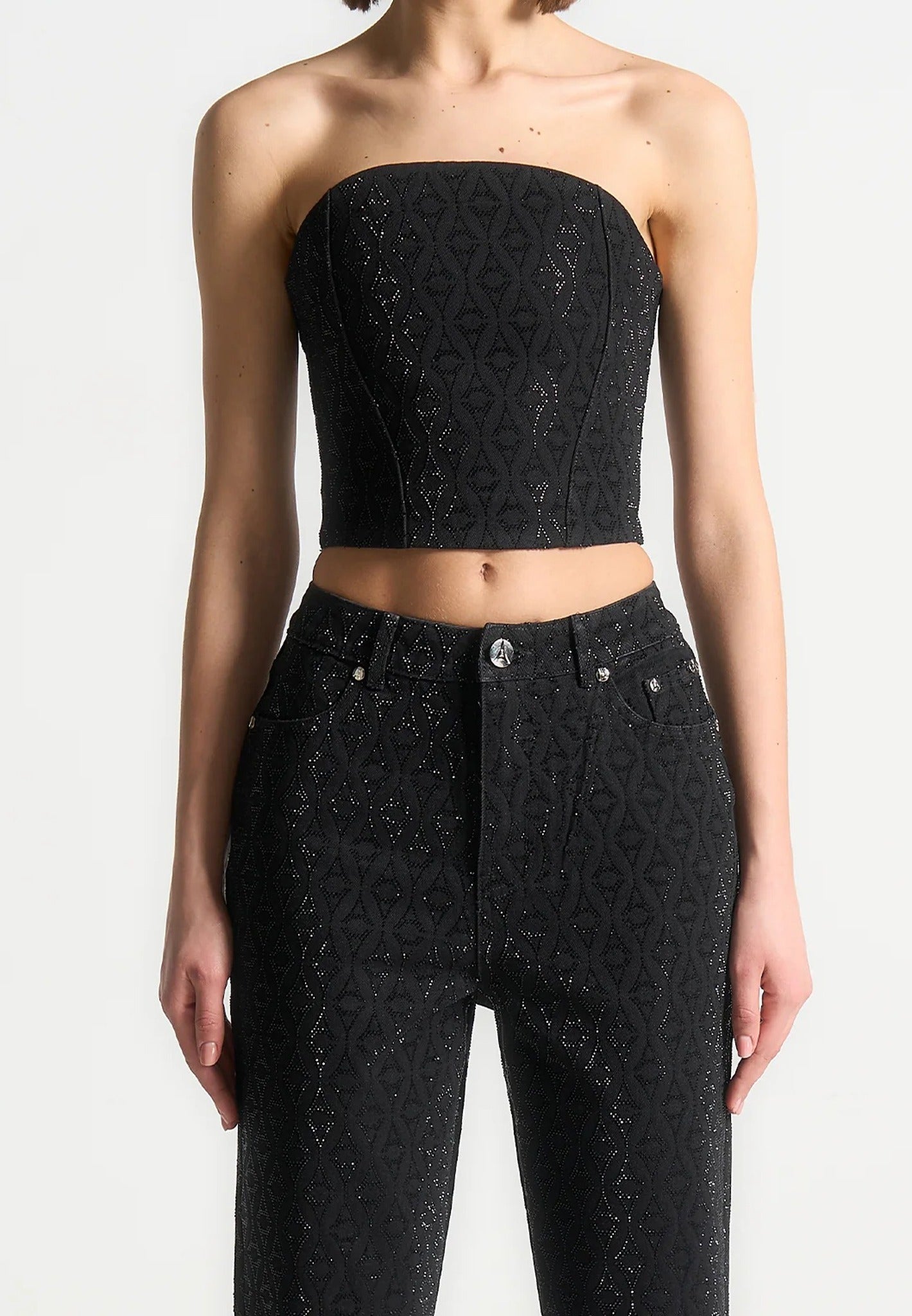 Rhinestone Eiffel Denim Bandeau Corset Top - Black