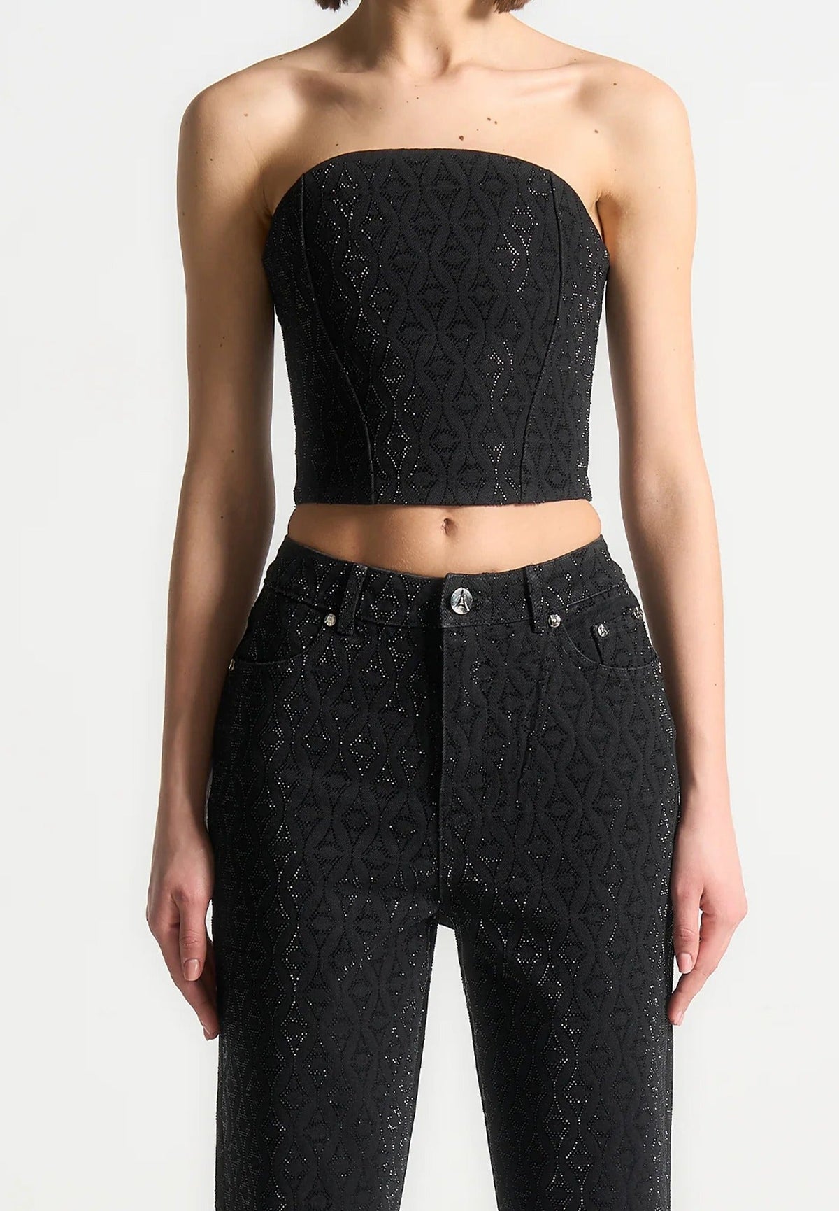 Rhinestone Eiffel Denim Bandeau Corset Top - Black
