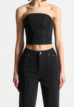 Rhinestone Eiffel Denim Bandeau Corset Top - Black