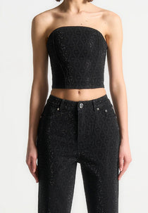 Rhinestone Eiffel Denim Bandeau Corset Top - Black