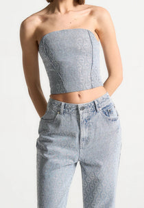 Rhinestone Eiffel Denim Bandeau Corset Top - Mid Blue