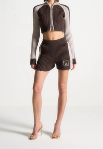 Rib Knit Track Jacket - Brown/Beige
