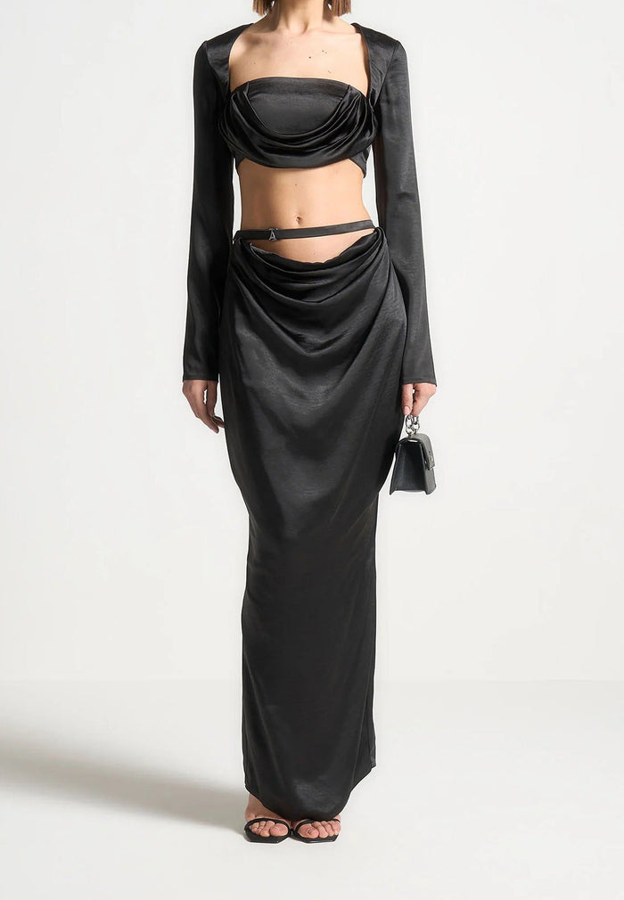 Satin Drape Bandeau Bolero Top - Black