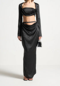 Satin Drape Bandeau Bolero Top - Black