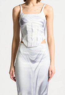 Satin Renaissance Body Print Corset Top - Off White