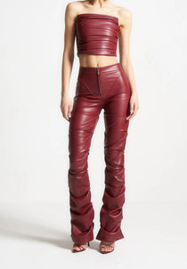 Caroline - Tacked Leather Flared Pants - Wine Red
