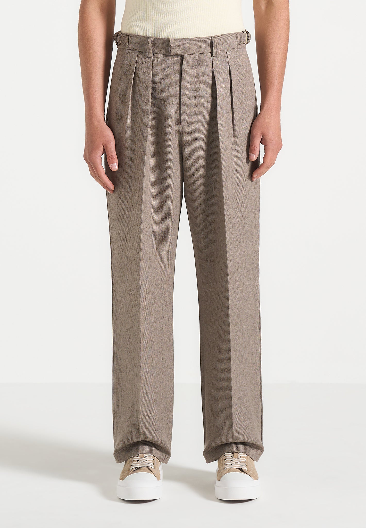 Pierre - Relaxed Fit Textured Pleated Tailored Trousers - Taupe 