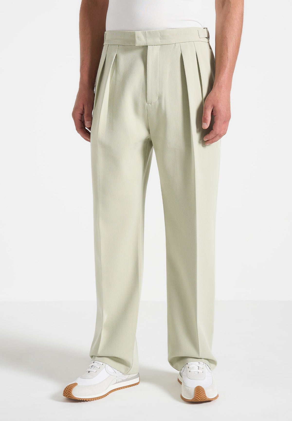 P⁠ierre - Relaxed Fit Hatched Pleated Tailored Trousers - Sage