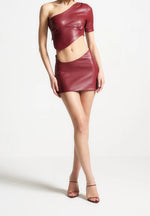 Curved Waist Leather Mini Skirt - Wine Red