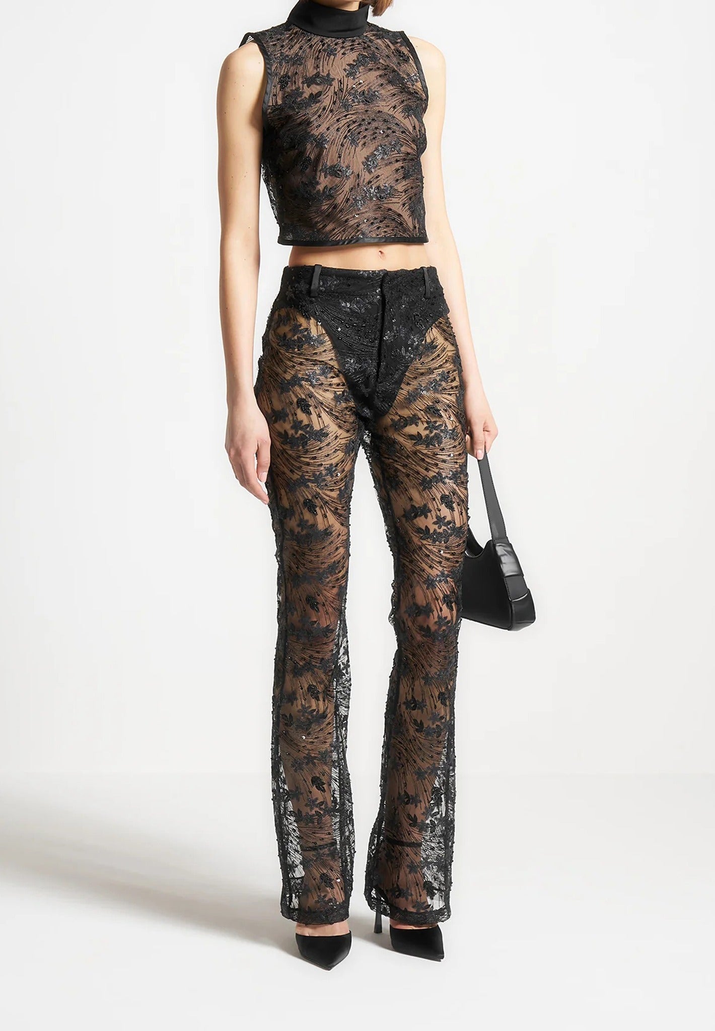 Embellished Lace Fit and Flare Pants - Black