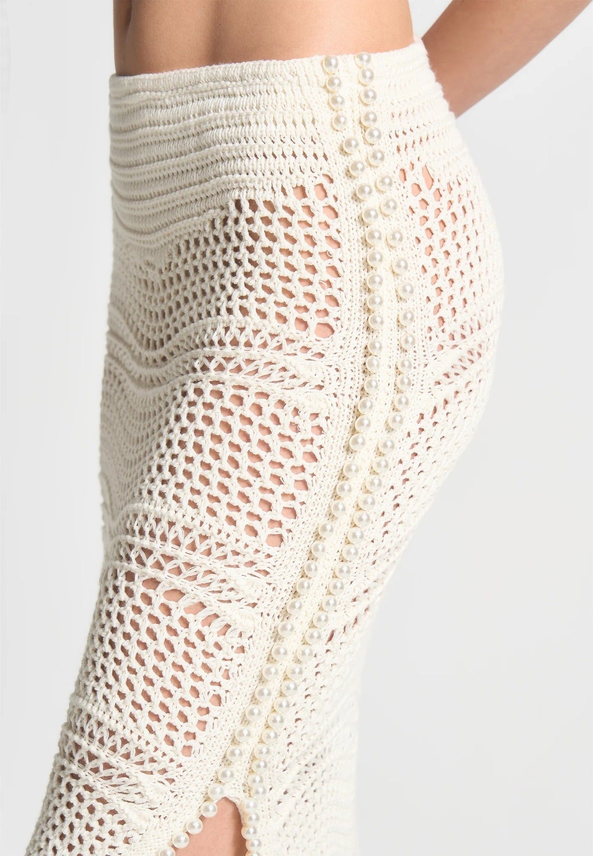 Pearl Applique Crochet Maxi Skirt - Cream
