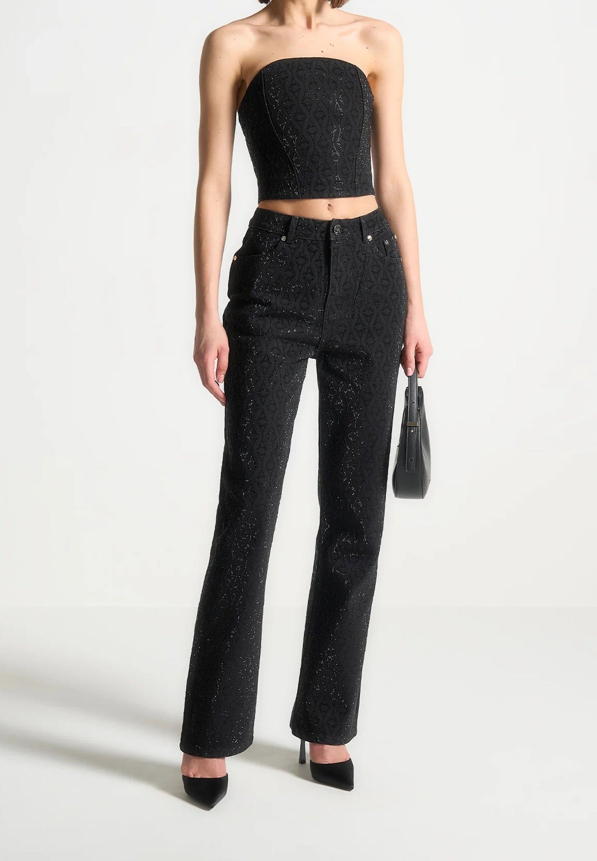 Rhinestone Eiffel Denim Bandeau Corset Top - Black