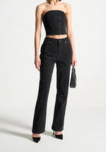 Rhinestone Eiffel Denim Bandeau Corset Top - Black