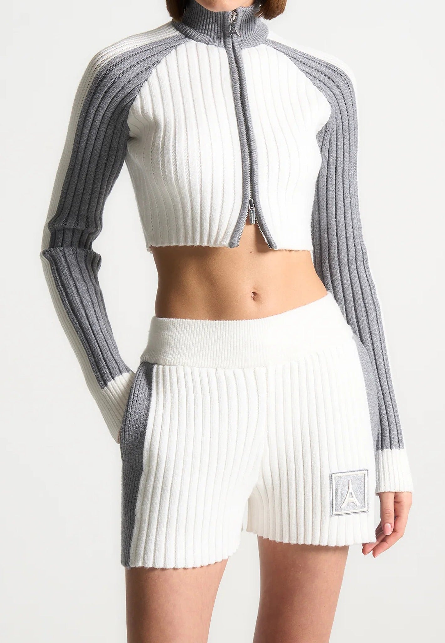 Rib Knit Track Jacket - Off White/Grey