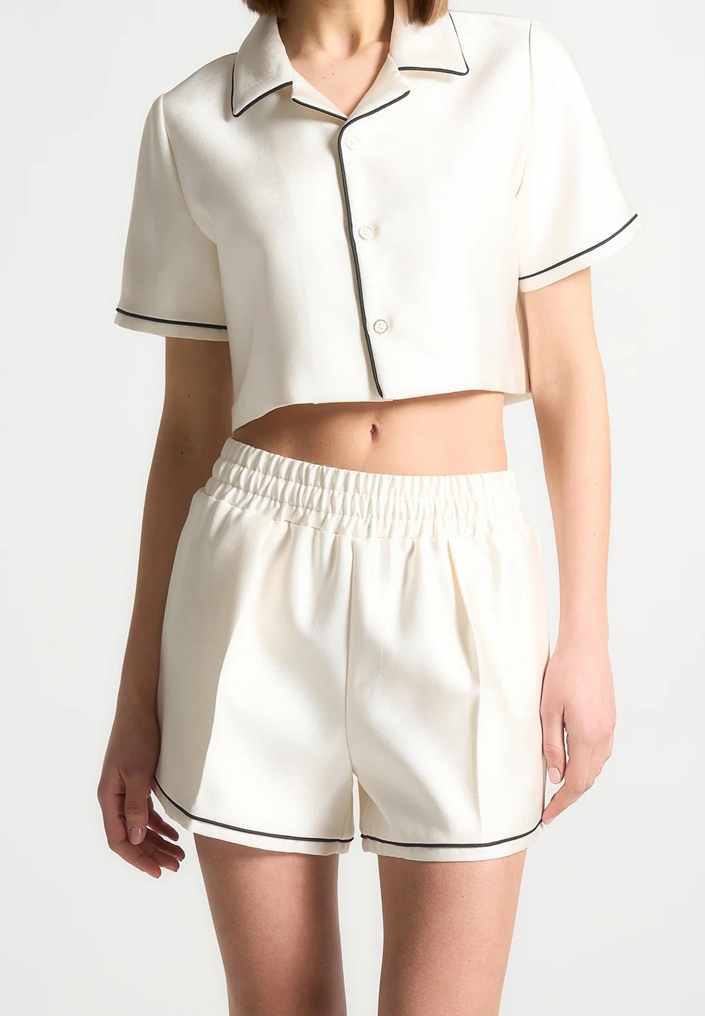 Satin Cropped Shirt with Piping - Cream