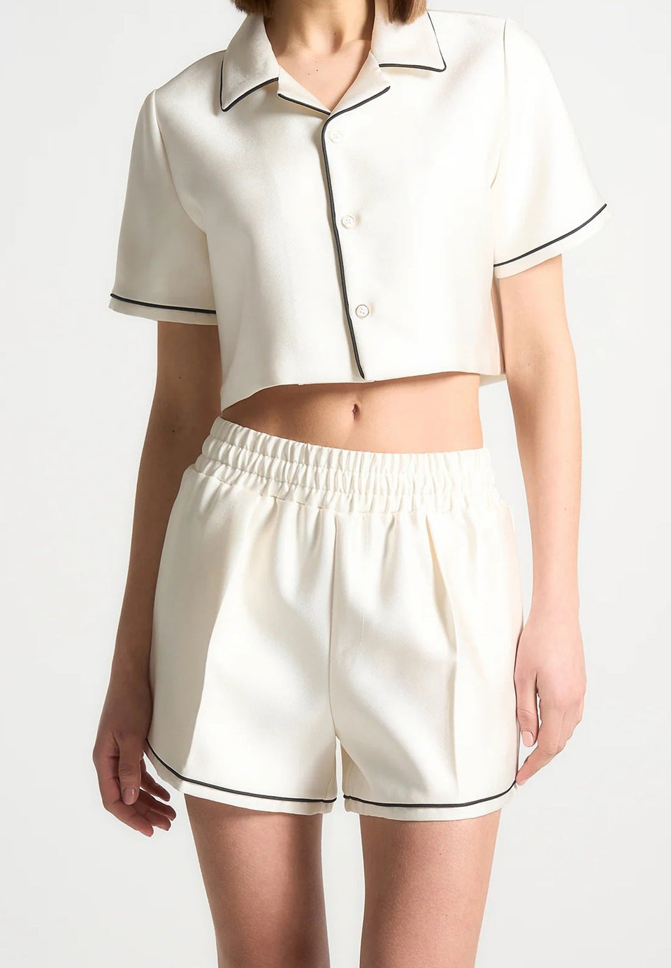 Satin Cropped Shirt with Piping - Cream