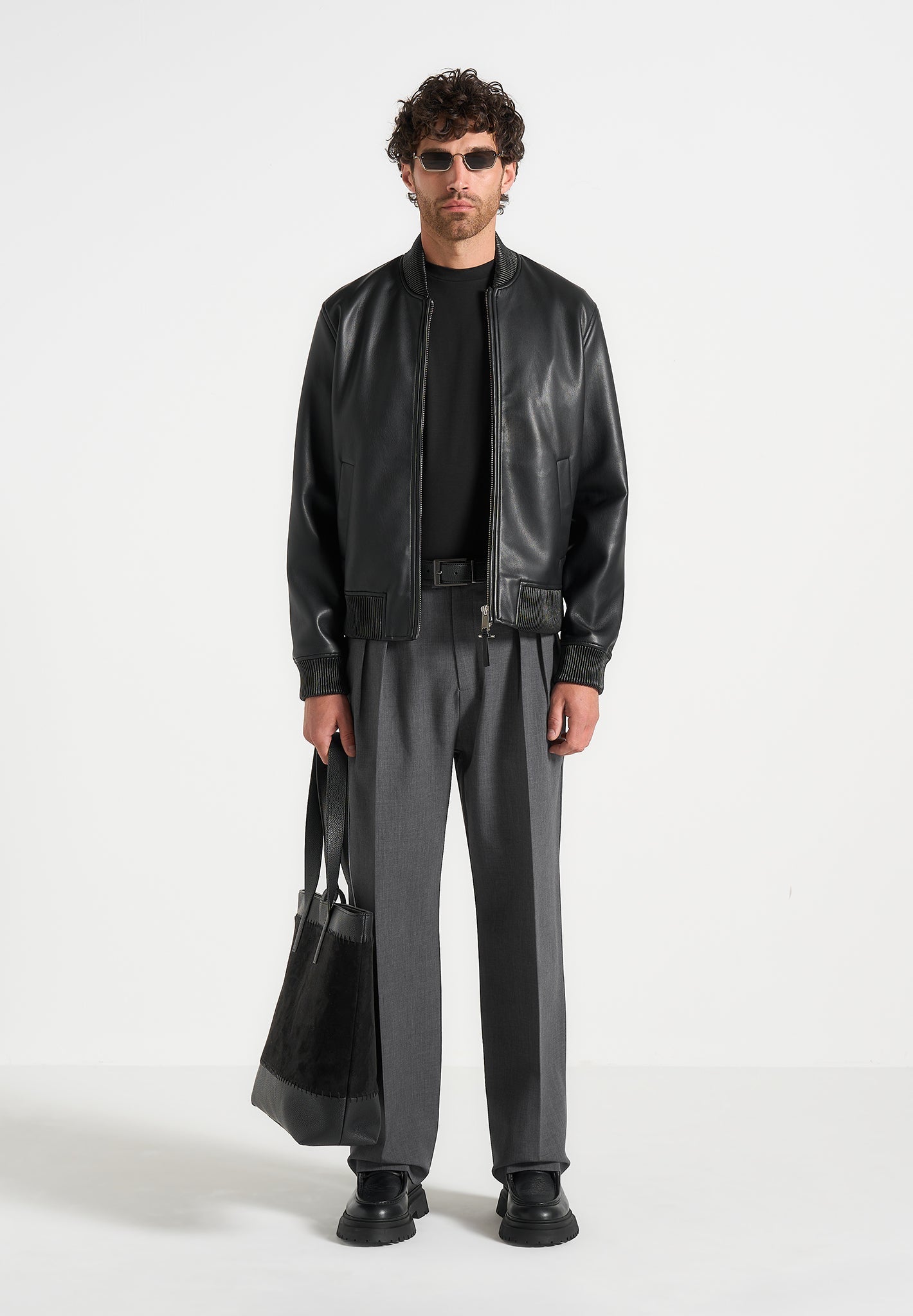P⁠ierre - Relaxed Fit Hatched Pleated Tailored Trousers - Dark Grey