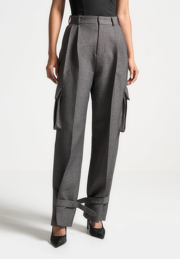 Danielle - Textured Tailored Pleated Cargo Pants - Grey Marl