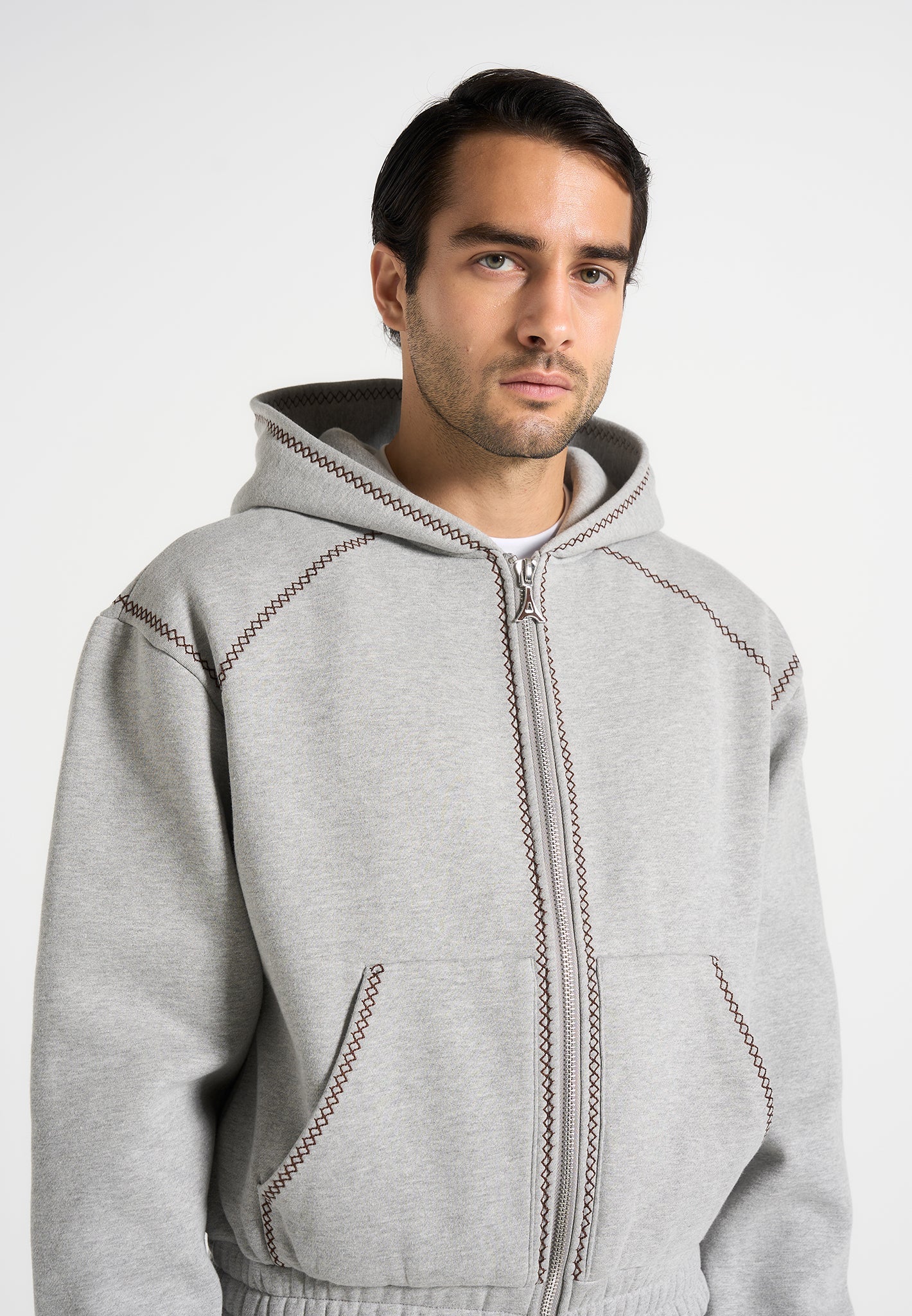 Ivan - Whipstitch Raglan Effect Zip Hoodie - Light Grey