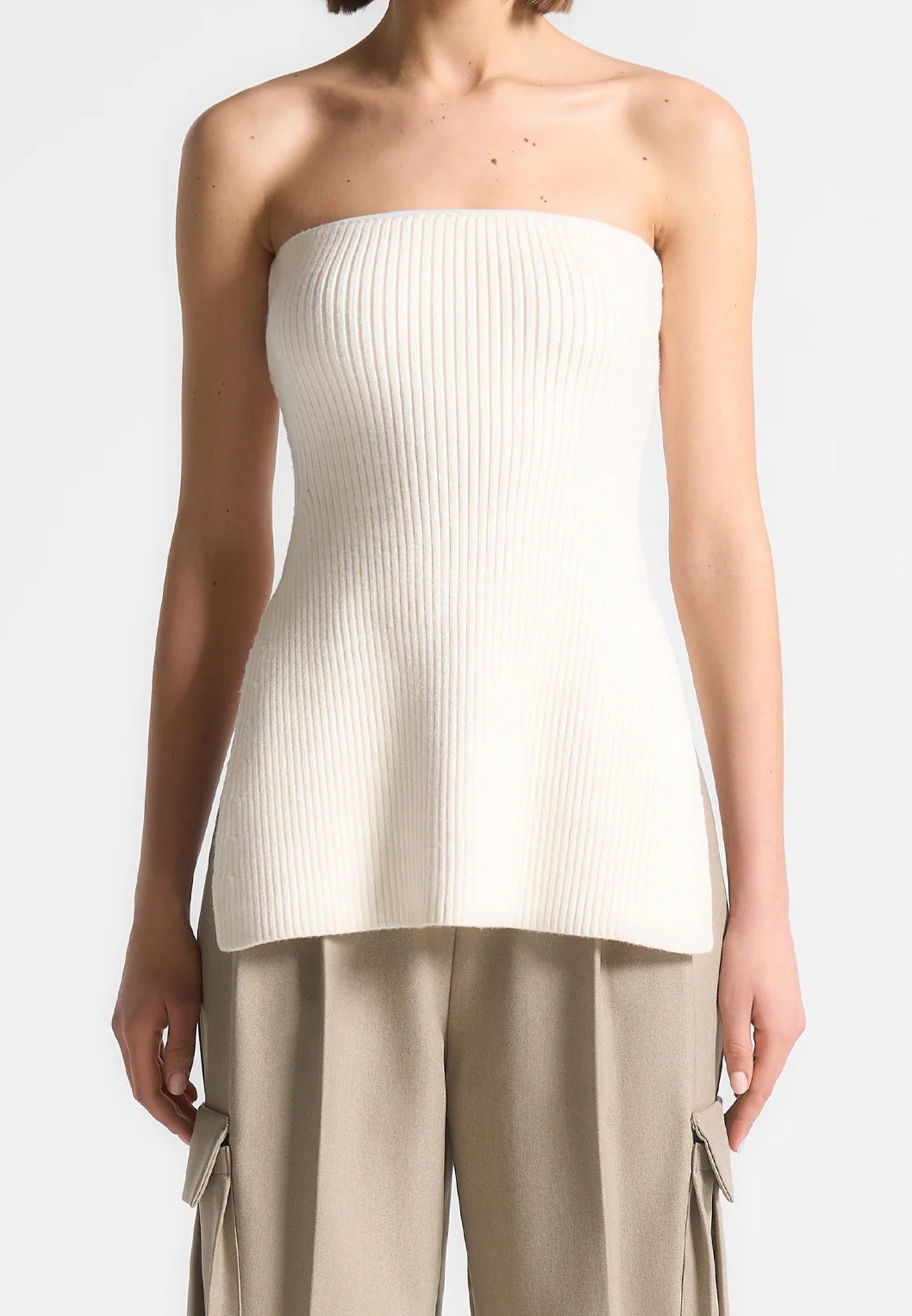 Rib Knit Longline Bandeau Top - Off White