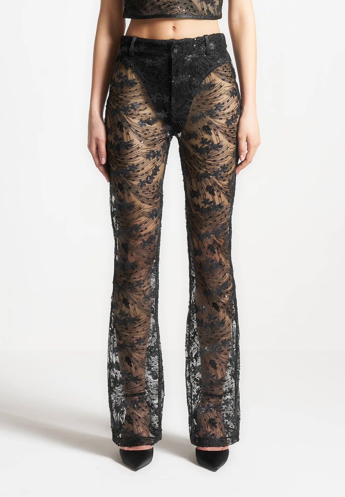Embellished Lace Fit and Flare Pants - Black