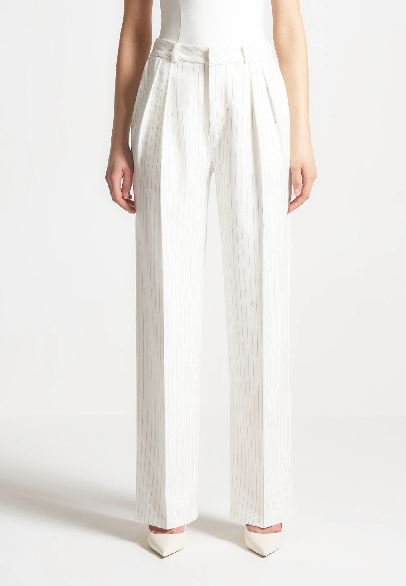 Julie - Pinstripe Twin Pleat Tailored Pants - White