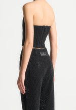 Rhinestone Eiffel Denim Bandeau Corset Top - Black
