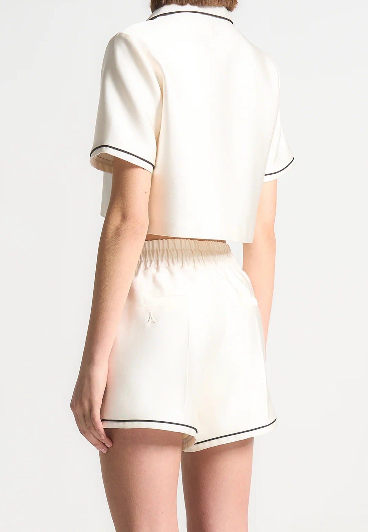 Satin Cropped Shirt with Piping - Cream