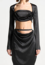 Satin Drape Bandeau Bolero Top - Black