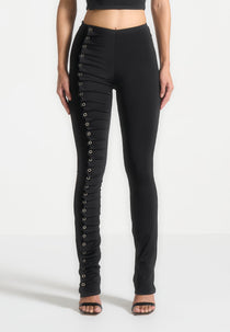 Eyelet Detail Tacked Leggings - Black