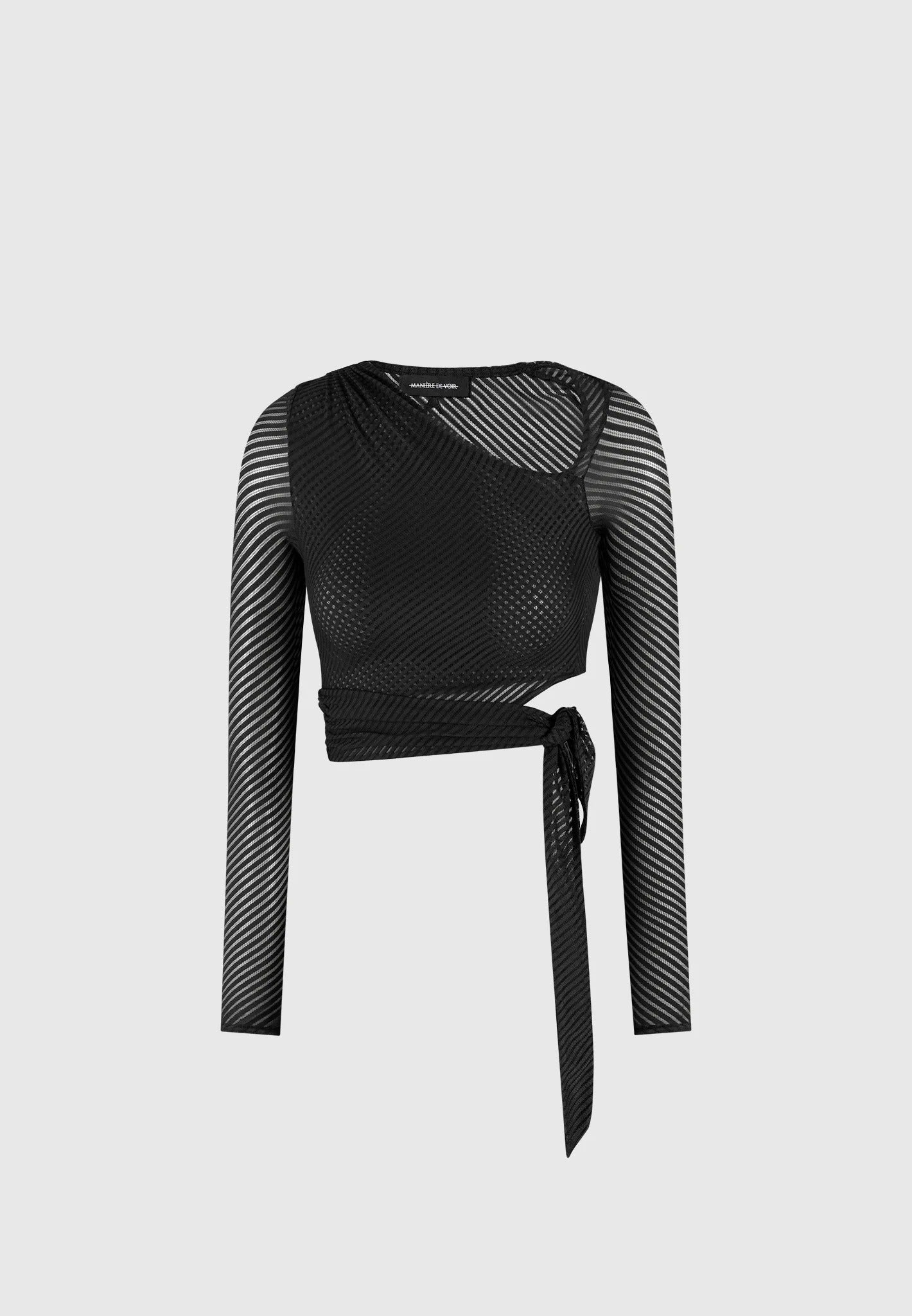 Ribbed Sheer Top with Tie - Black