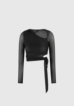 Ribbed Sheer Top with Tie - Black