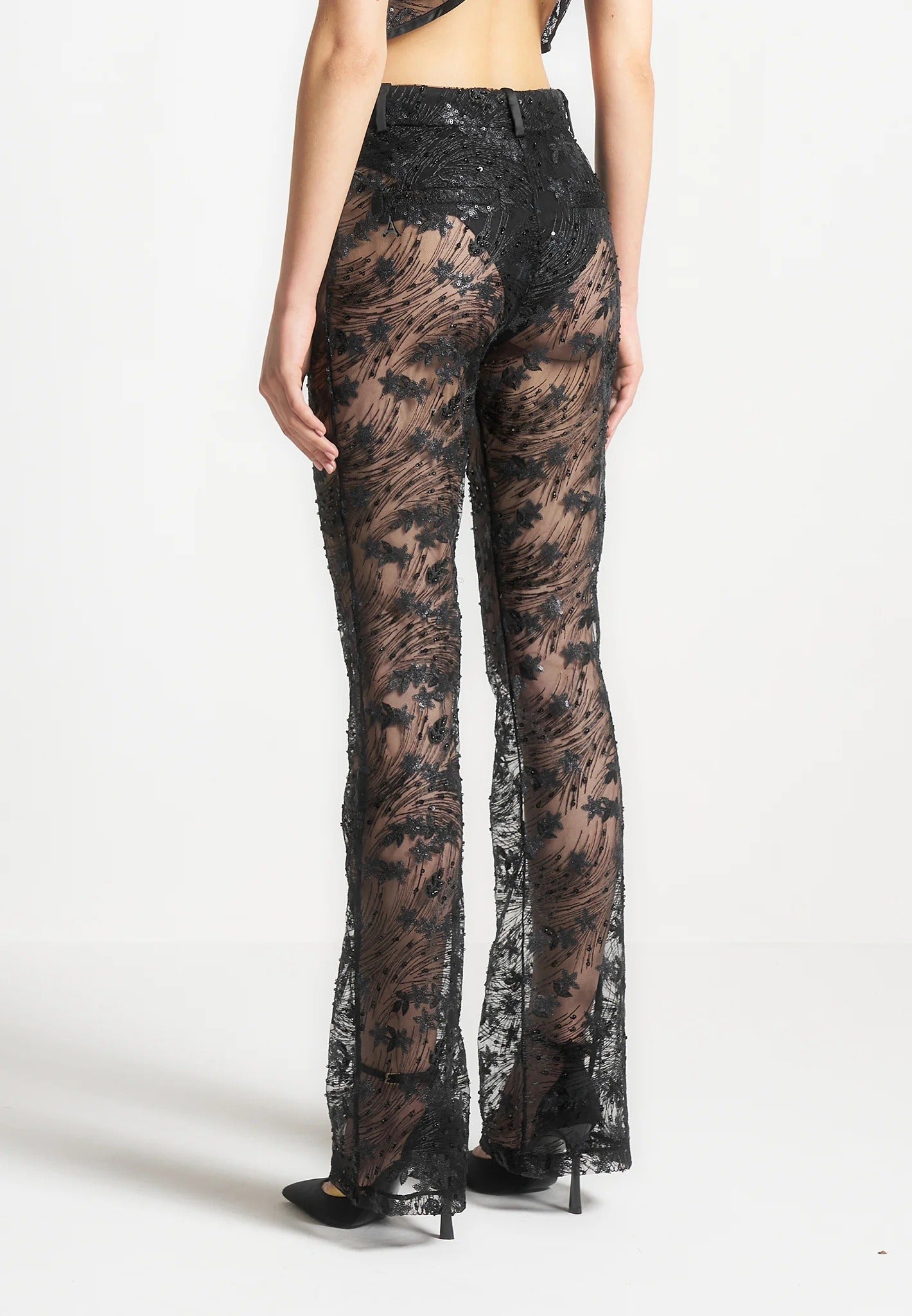Embellished Lace Fit and Flare Pants - Black