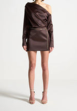 Off Shoulder Draped Satin Mini Dress with Belt - Brown