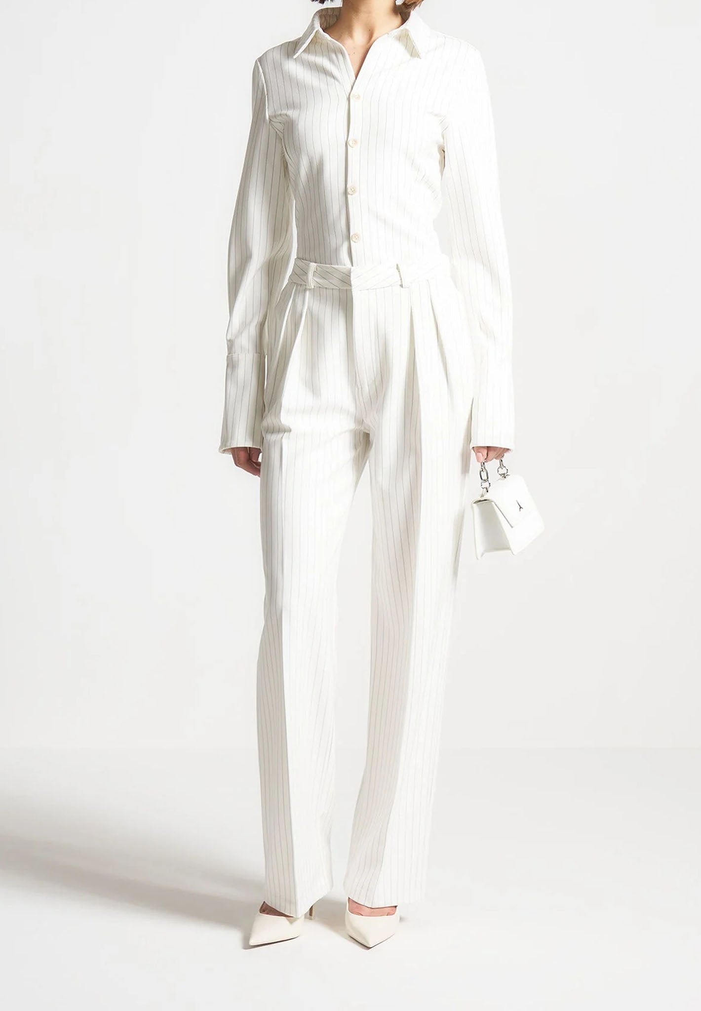 Julie - Pinstripe Twin Pleat Tailored Pants - White