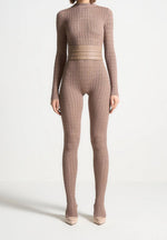Chantal - Pointelle Knit Long Sleeve Jumpsuit with Belt - Taupe