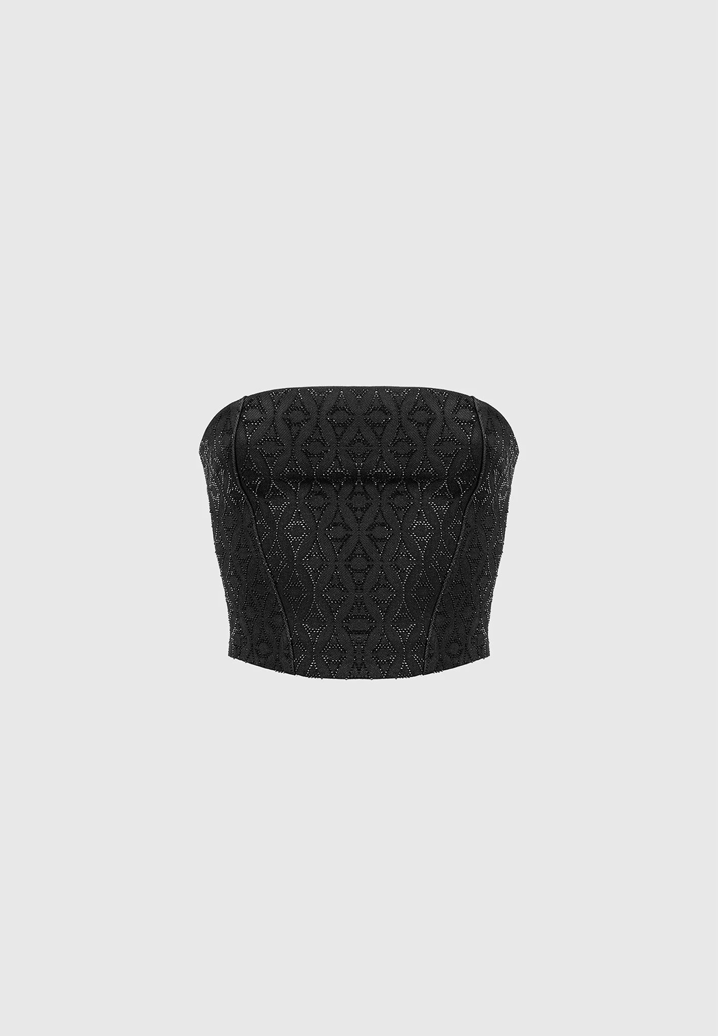 Rhinestone Eiffel Denim Bandeau Corset Top - Black