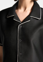 Satin Cropped Shirt with Piping - Black