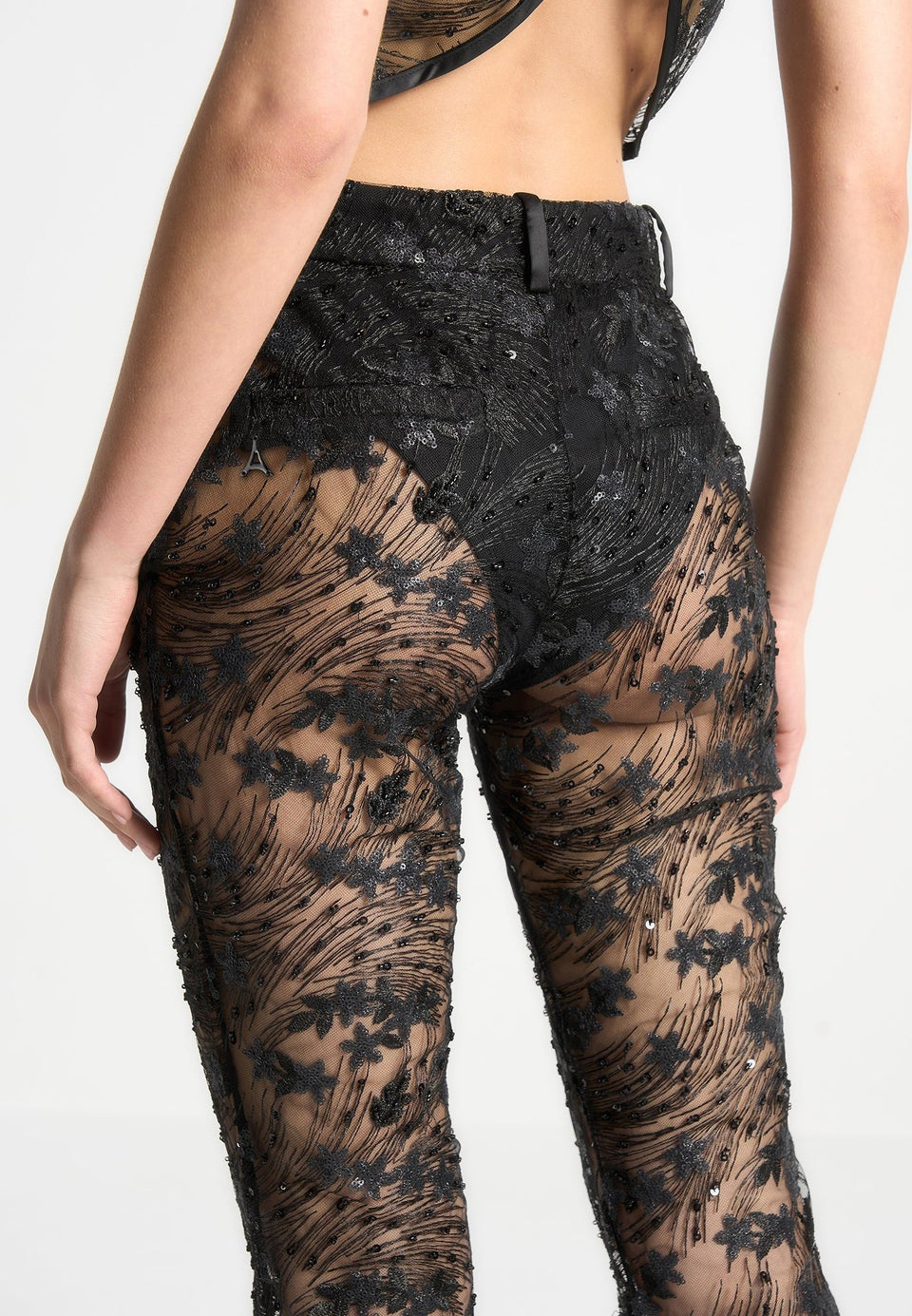 Embellished Lace Fit and Flare Pants - Black
