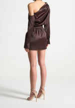 Off Shoulder Draped Satin Mini Dress with Belt - Brown