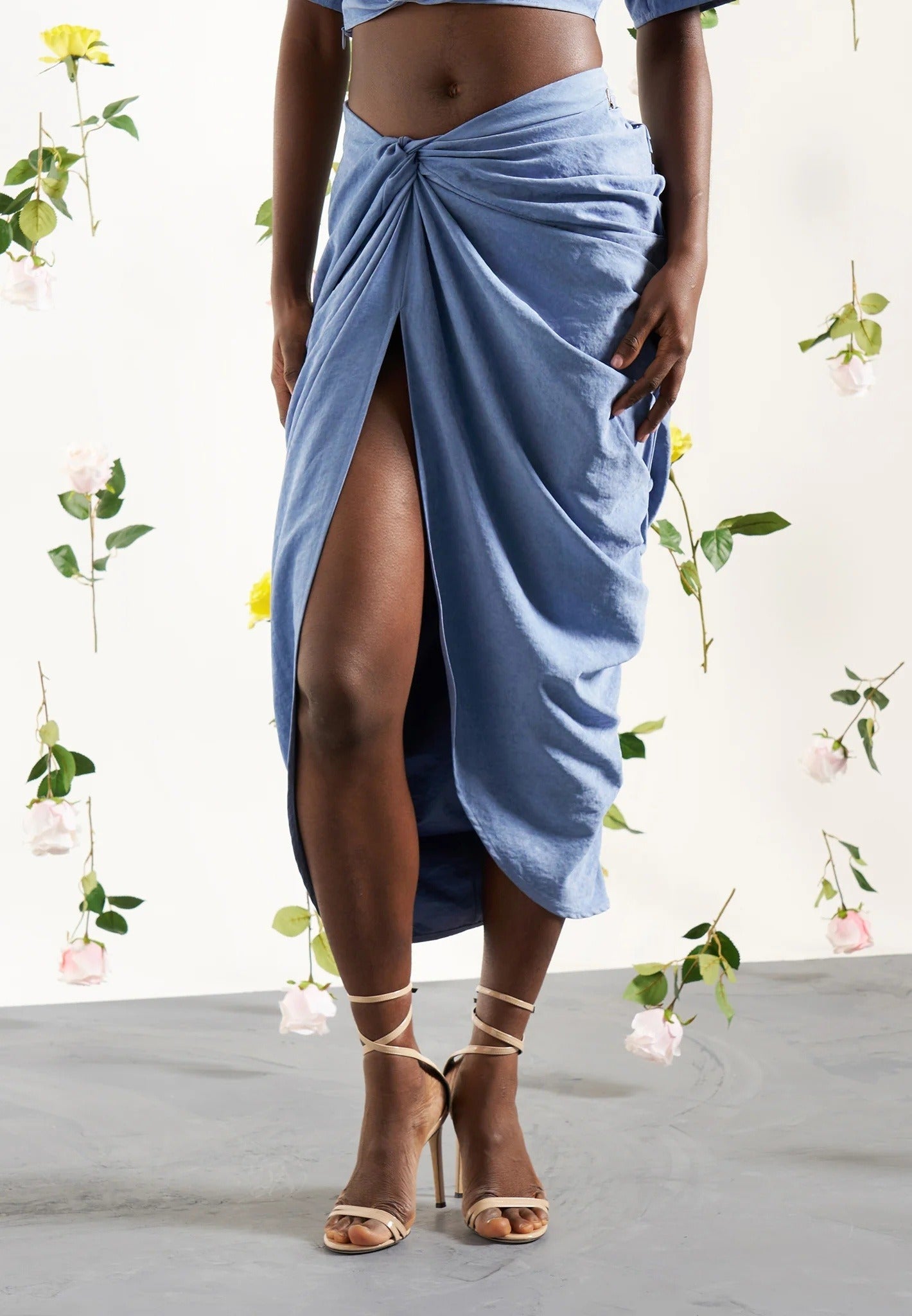 Asymmetric Drape Midaxi Skirt - Blue