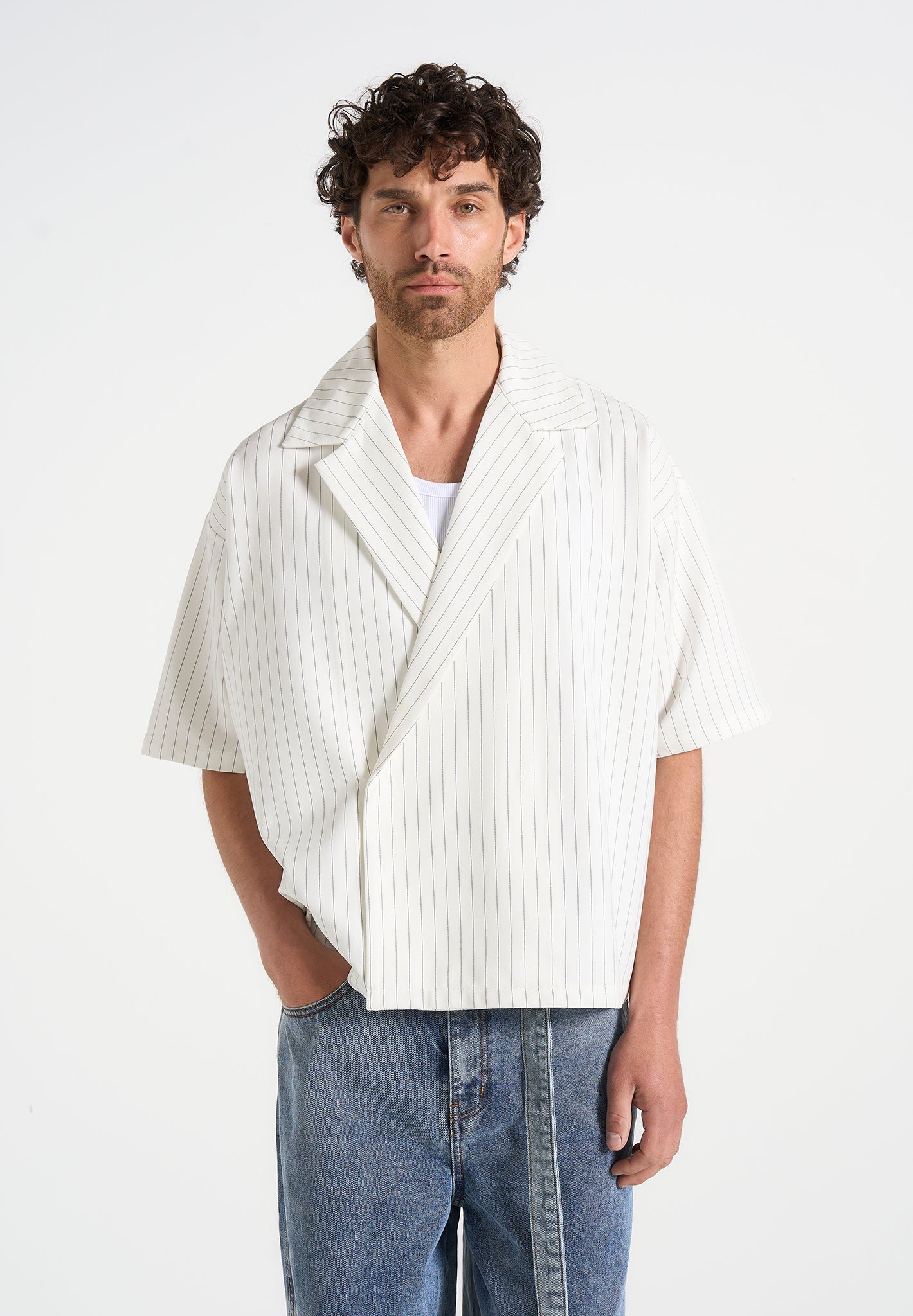 Abel - Boxy Pinstripe Double Breasted Shirt - White 