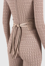 Chantal - Pointelle Knit Long Sleeve Jumpsuit with Belt - Taupe