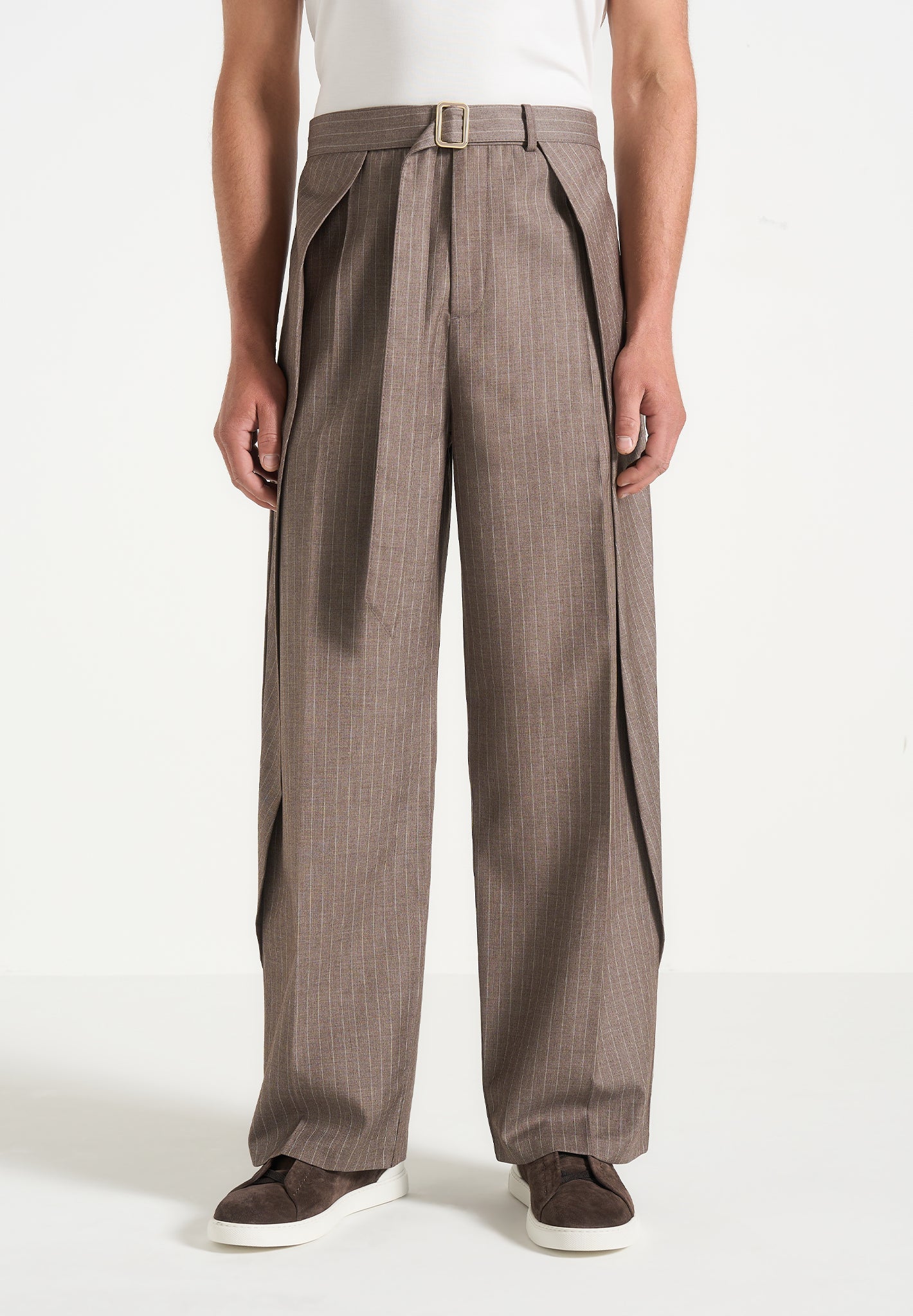 Charles - Relaxed Fit Wrap Leg Pinstripe Tailored Trousers - Taupe